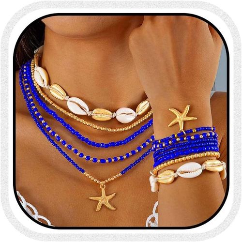 Kal-Lot De 12 Colliers De Perles Bohèmes Colorés En Forme D'étoile De Mer - Bracelet Et Collier - Accessoires De Plage Pour Femmes Et Filles