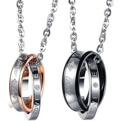 Kal-2 Pcs Collier Couple Personnalisé Pendentif Anneau Bague Entrelacé En Acier Inoxydable + Zircon Pour Homme Et Femme Ou Couples - Le Symbole De L'amitié,Cadeau Saint Valentin