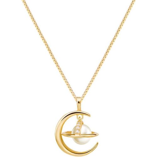 Kal-Collier De Strass Femme, 925 Argent Plaqué Planète Lune Pendentif Perles Décoration Chaîne Strass, Collier Chaînes Réglables Bijoux Cadeaux Filles, Argent/Doré