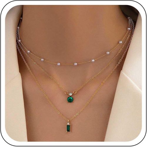 Kal-Collier Ras-De-Cou Boho En Cristal Perle Doré Vintage Verte/Bleue Collier Pendentif En Cristal Carré Disque Multi-Couches Collier En Perle Strassée Bijoux Pour Femmes
