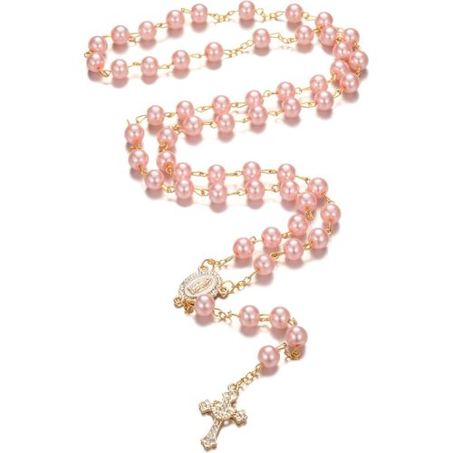 Kal-Chapelet Avec Perles Roses Avec Chaîne En Or, 56 Cm De Long, 0,8 Cm De Diamètre, Croix En Cristal