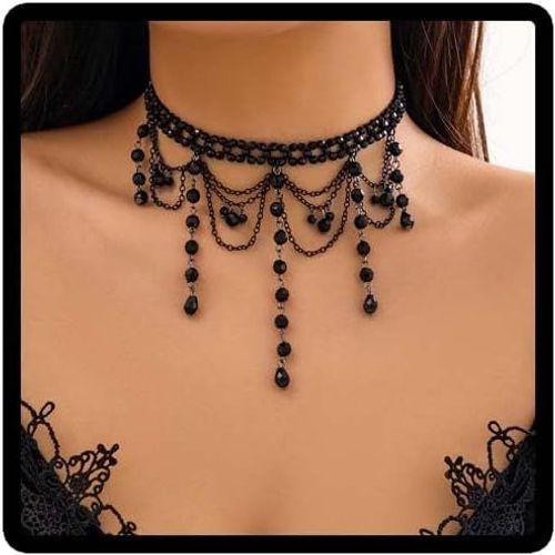 Kal-Gothique Sombre Croix Collier Punk Beaded Fringe Collier Noir Fringe Collier Halloween Femmes Bijoux