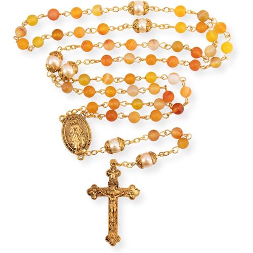 Kal-Store Collier Chapelet Catholique Doré En Pierre Mate, Perles Rondes Vertes, Médaille Miraculeuse Et Croix ¿ Sac En Velours