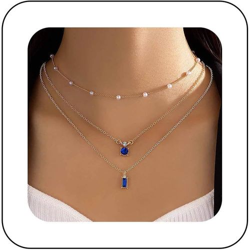 Kal-Collier Ras Du Cou Bohème En Saphir Et Perles Collier Pendentif Saphir Bleu Collier Cristal Saphir Carré Collier Chaîne Satellite En Perles Or Bijoux Pour Femmes Et Filles Cadeaux