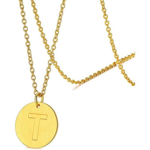 Kal-Collier Médaille Initiale En Plaqué Or,Pendentif Gravé Lettre T Rond Monnaie Fantaisie En Acier Inoxydable,Bijoux Alphabet Avec Ras De Cou Chaine Réglable 45+5 Cm Pour Femmes,Hommes,Filles