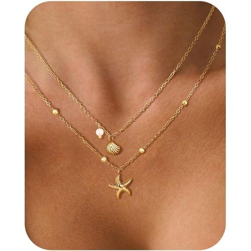 Kal-Collier Femme Multi-Rang Plaqué Or 14k ¿ Collier Perle Avec Pendentif Étoile De Mer & Coquillage, Chaîne Acier Inoxydable Ajustable, Collier Été Bohème Chic, Bijoux De Vacances À La Plage En Été