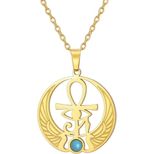 Kal-Collier Ankh Croix ?Il D'horus Avec Pierre De Lune Turquoise Symbole Égyptien Ancien Ankh Croix Ankh Acier Inoxydable Pendentif Religieux Collier