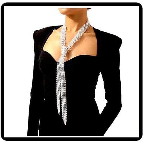 Kal-Long Collier Avec Pendentif Cravate En Cristal Superposé En Strass Pour Femme
