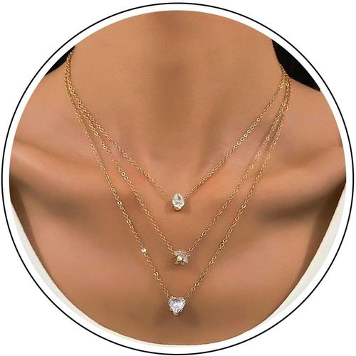 Kal-Collier Superposé En Or Pour Femmes Collier Pendentif En Cristal Avec Étoile En Forme De Coeur Collier Ras Du Cou En Cz Avec Étoile En Forme De Coeur Collier Ras Du Cou Pour Femmes Filles