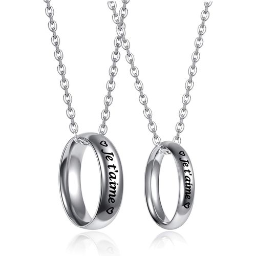 Kal-2pcs Colliers Couple Bague Pendentif Anneau Je T'aime I Love You Acier Inoxydable Cadeau Amoureux Amitié Amour Saint-Valentin Femme Homme Avec Chaîne(Je T'aime)