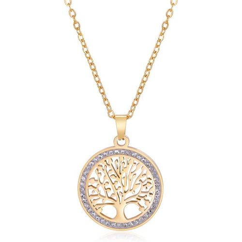 Kal-Collier Arbre De Vie Pour Femmes En Acier Inoxydable Couleur Or Zircon Clair Pendentif Rond Chaînes De Cou Arbre De Famille Bijoux De Mode