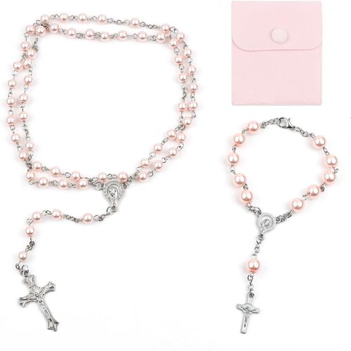 Kal-Chapelet Catholique Chaîne Bracelet Pour Femme, Vintage Crucifix Perles Rosa Chapelet Collier, Prière Chrétienne Perle Rosary Avec Sac En Velours, Baptême Communion Mariage Fête, Perle 6mm