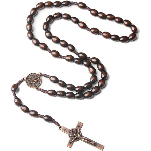 Kal-Collier De Chapelet Croix Catholique, Chaîne Croix Hommes, Chaîne De Prière En Bois Naturel Avec Médaille Croix Jésus-Christ Saint-Benoît