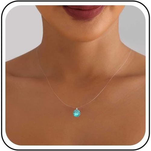 Kal-Collier Pendentif En Cristal Vert Minuscule Collier Ras Du Cou En Strass Argent Collier Chaîne Invisible Transparente Émeraude Collier Ligne De Pêche Cz Bijoux En Chaîne Pour Femmes