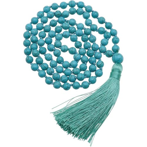 Kal-8mm Turquoise Collier Boho Vintage Long Perlé Gland Main-Noué Rétro Colliers Boule Ronde Perle Pierres Précieuses Pendentif Bijoux Pour Femme 52cm