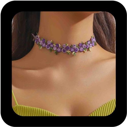 Kal-Collier Ras Du Cou Bohemia Fleur Dentelle Collier Court Fleur Broderie Rose Colliers Velours Floral Printemps Bijoux En Chaine Pour Femmes