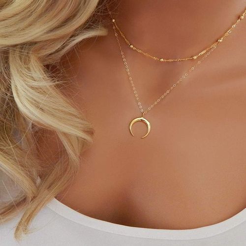 Kal-- Collier Bohème Avec Pendentif Croissant De Lune Et Double Corne - Collier Ras Du Cou Réglable - Bijou Pour Femmes Et Filles