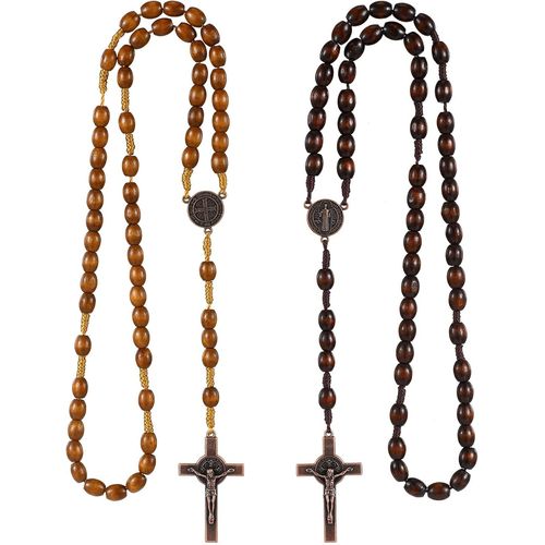 Kal-2 Colliers De Chapelet En Bois Colliers De Chaîne De Rosaire Catholiques De Perles De Prière Faits À La Main Avec Pendentif De Croix Bijoux Religieux Pour Dames Communion Baptême