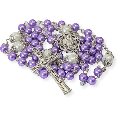 Kal-Store Chapelet De Perles Blanches Notre Père Collier De Perles Médaille De Lourdes Et Croix Crucifix Dévotion Spirituelle