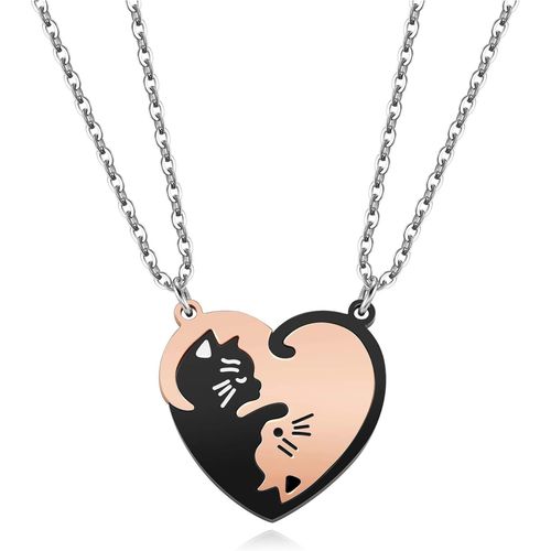 Kal-- 2pcs Bijoux Collier Pendentif Puzzle Coeur Separable Detachable Chat Acier Inoxydable Amitié Amoureux Couple Avec 2 Chaines