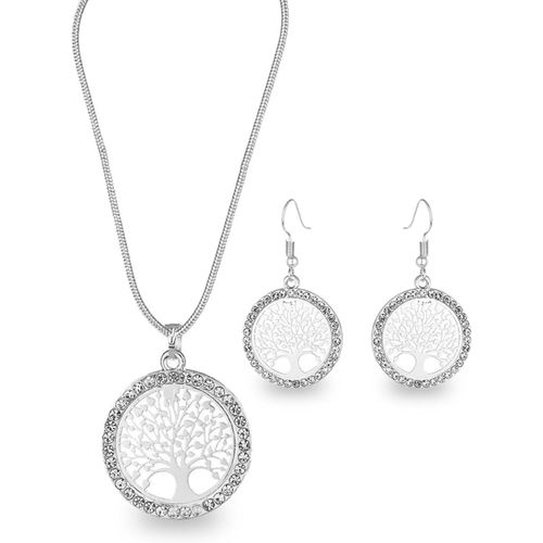 Kal-1pcs Collier Arbre De Vie Pour Femmes En Acier Inoxydable Couleur Or Zircon Clair Pendentif Rond Chaînes De Cou Arbre De Famille Avec 1 Paire De Boucles D'oreilles Arbre De Vie En Argent