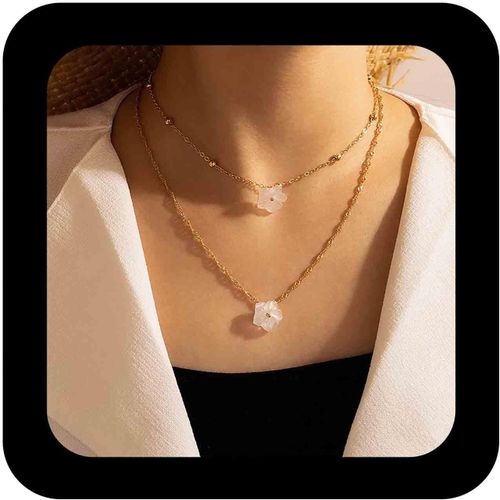 Kal-Collier Ras Du Cou Bohémien Avec Fleurs En Acrylique Blanc Collier Pendentif Fleurs En Acrylique Blanc Collier Chaîne En Perles Satellites En Or Collier Collier Fleurs En Résine