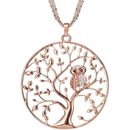 Kal-Long Collier Pour Les Femmes, Arbre De Vie Avec Collier Pendentif Hibou Pour Les Filles Collier En Or Rose Et Argent Avec Collier De Chaîne En Cristal Cz