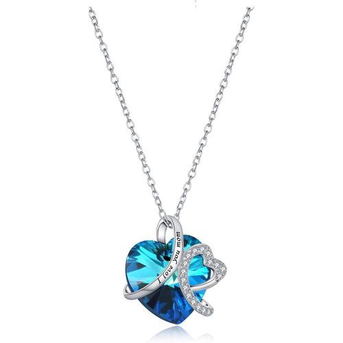 Kal-Collier Femme Coeur D'amour Cristal De Swarovski Pendentif En Argent 925 Avec Zircon Bijoux Fantaisie Gravé¿Mom¿Avec Chaîne De 17.7" - Cadeaux Pour Maman(Argent Bleu)
