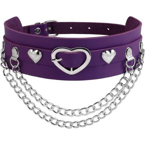 Kal-Noir Pu Collier En Cuir Avec Le C?ur Et La Chaîne Double Collier Gothique Choker En Cuir Réglable