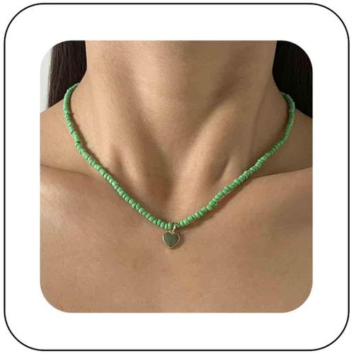Kal-Collier Ras Du Cou En Perles De Rocaille Blanches Vintage Collier Pendentif Coeur En Émail Collier En Perles De Riz Minuscules Chaîne En Perles Blanches Collier En Chaîne Pour Femmes