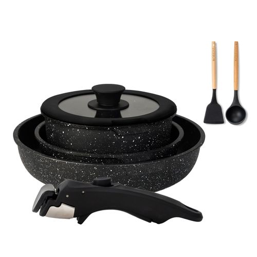 Boreine Batterie De Cuisine Induction, Set Casserole Et Poele Tout Feux Avec Couvercle, Lot Empilable Avec Poignée Amovible, Antiadhésif, Compatible Lave-Vaisselle (Noir 7 Pce)