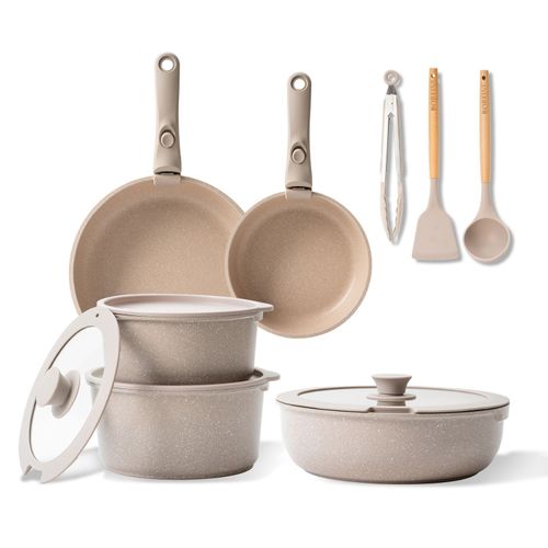 Boreine Batterie De Cuisine Induction, Set Casserole Et Poele Tout Feux Avec Couvercle, Lot Empilable Avec Poignée Amovible, Antiadhésif, Compatible Lave-Vaisselle (Marron 14 Pce)