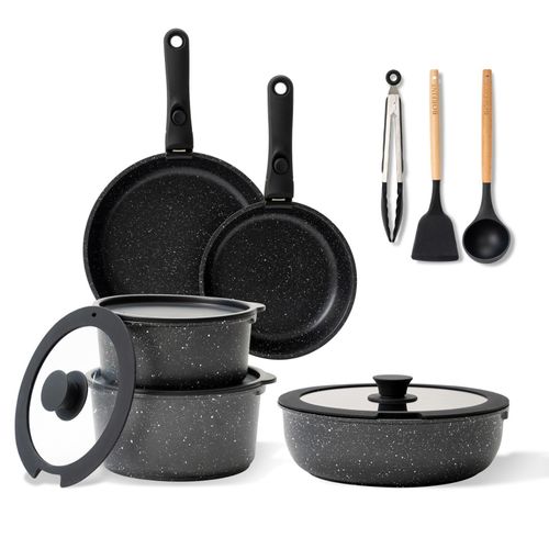 Boreine Batterie De Cuisine Induction, Set Casserole Et Poele Tout Feux Avec Couvercle, Lot Empilable Avec Poignée Amovible, Antiadhésif, Compatible Lave-Vaisselle (Noir 14 Pce)