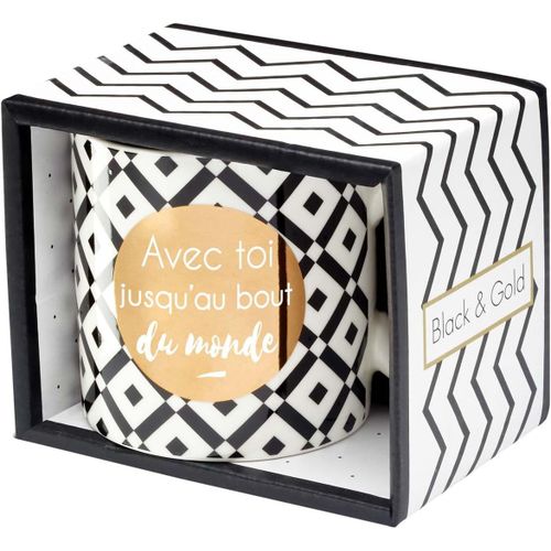 Kalanka-Draeger Paris | Mug Black & Gold Porcelaine Fine ""Jusqu'au Bout Du Monde"" | Idée Cadeau Amoureux, Couple, Mari, Femme Tendresse, Amitié, Famille, Anniversaire | Coffret Cadeau