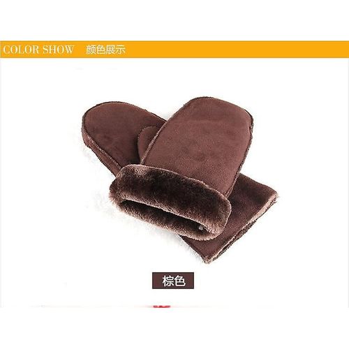 Gants En Cuir Imitation Peau De Mouton Pour Hommes Et Femmes, Mitaines Chauffantes En Fourrure, Cuir Suédé, Gants D'hiver En Plein Air Épais Et Chauds En Cachemire Pour Femmes Marron