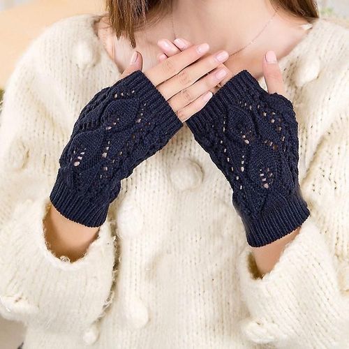 La Maxpa Gants Pour Femme Élégants Chauffe-Mains D'hiver Pour Femme - Tricot Au Crochet - Mitaines En Fausse Laine - Gants Chauds Sans Doigts - Bleu Marine