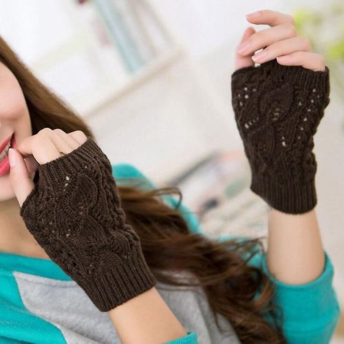 La Maxpa Gants D'hiver Élégants Pour Femme - Chauffe-Mains - Tricot Au Crochet - Mitaines En Fausse Laine - Gants Chauds Sans Doigts - Café Foncé
