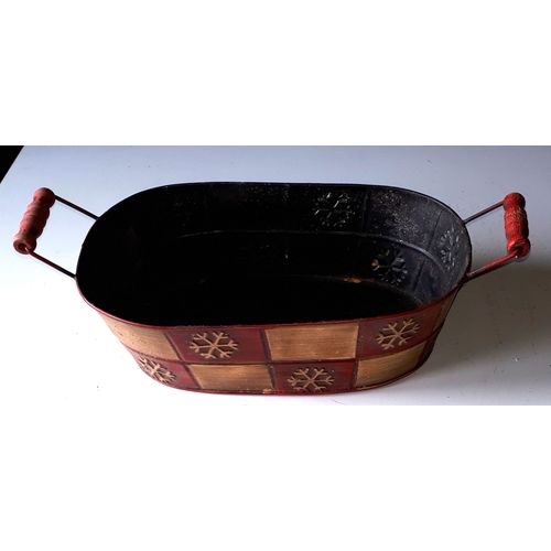 Corbeille Métallique 2 Anses-Décor Marron Lumineux Avec Flocons De Neige- Forme Longue 27cm Profondeur 8cm Largeur 16.5cm-À L'origine Centre De Table Avec Une Plante-Peut Servir À De Multiples Usages