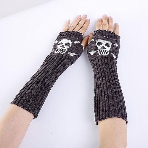Hiver Femmes Chaud Mignon Dessin Animé Crâne Manches Sans Doigts Mitaines Femme Acrylique Stretch Tricot Demi Doigt Manchettes Gants Taille Unique 30 Cm Gris Foncé A90