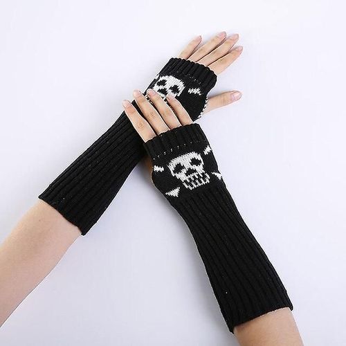 Hiver Femmes Chaud Mignon Dessin Animé Crâne Manches Sans Doigts Mitaines Femme Acrylique Stretch Tricot Demi Doigt Manchettes Gants Taille Unique 30 Cm Noir A74