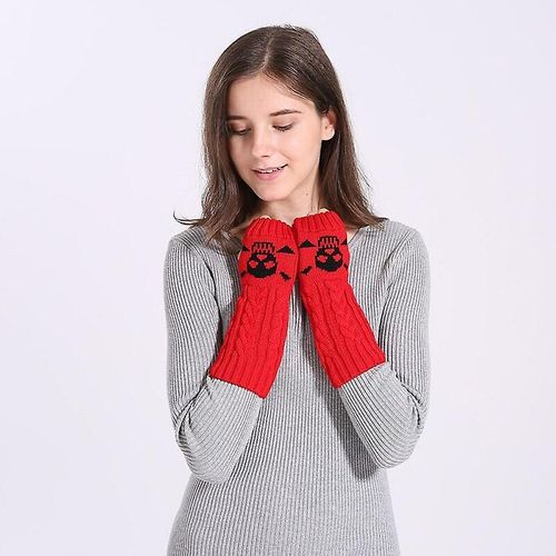 Hiver Femmes Chaud Mignon Dessin Animé Crâne Manches Sans Doigts Mitaines Femme Acrylique Stretch Tricot Demi Doigt Manchettes Gants Taille Unique 26 Cm Rouge A124
