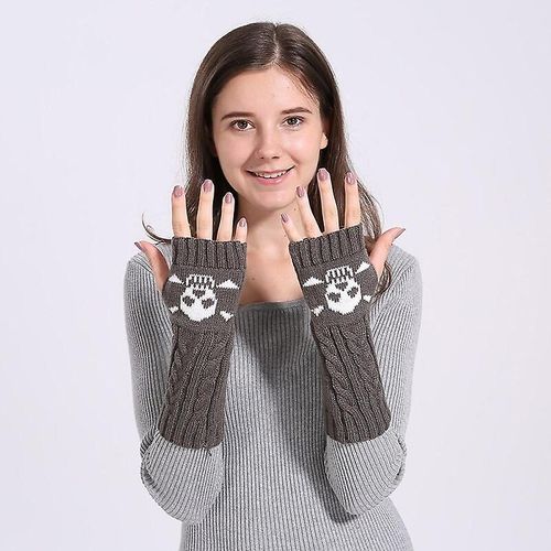 Hiver Femmes Chaud Mignon Dessin Animé Crâne Manches Sans Doigts Mitaines Femme Acrylique Stretch Tricot Demi Doigt Manchettes Gants Taille Unique 26 Cm Gris Foncé A122