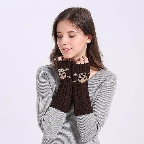 Hiver Femmes Chaud Mignon Dessin Animé Crâne Manches Sans Doigts Mitaines Femme Acrylique Stretch Tricot Demi Doigt Manchettes Gants Taille Unique 26 Cm Café A123
