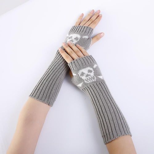 Hiver Femmes Chaud Mignon Dessin Animé Crâne Manches Sans Doigts Mitaines Femme Acrylique Stretch Tricot Demi Doigt Manchettes Gants Taille Unique 30 Cm Gris Clair A126