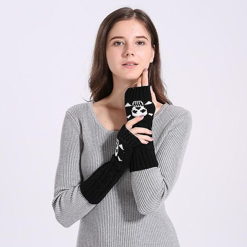 Hiver Femmes Chaud Mignon Dessin Animé Crâne Manches Sans Doigts Mitaines Femme Acrylique Stretch Tricot Demi Doigt Manchettes Gants Taille Unique C72 Gris Foncé