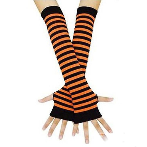 Hiver Femmes Chaud Mignon Dessin Animé Crâne Manches Sans Doigts Mitaines Femme Acrylique Stretch Tricot Demi Doigt Manchettes Gants Taille Unique Noir Orange