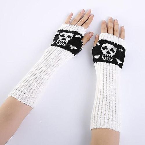 Hiver Femmes Chaud Mignon Dessin Animé Crâne Manches Sans Doigts Mitaines Femme Acrylique Stretch Tricot Demi Doigt Manchettes Gants Taille Unique 30 Cm Blanc A120
