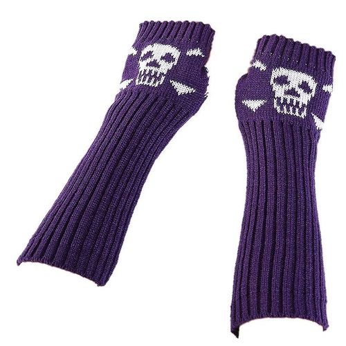 Hiver Femmes Chaud Mignon Dessin Animé Crâne Manches Sans Doigts Mitaines Femme Acrylique Stretch Tricot Demi Doigt Manchettes Gants Taille Unique 30 Cm Violet A121