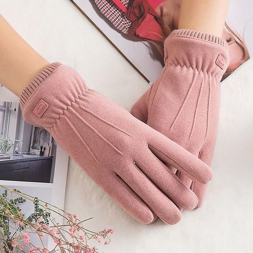 Hiver Femme Double Épais Peluche Poignet Chaud Cachemire Mignon Cyclisme Mitaines Femmes Daim Cuir Écran Tactile Conduite Gant Taille Unique C Rose A38
