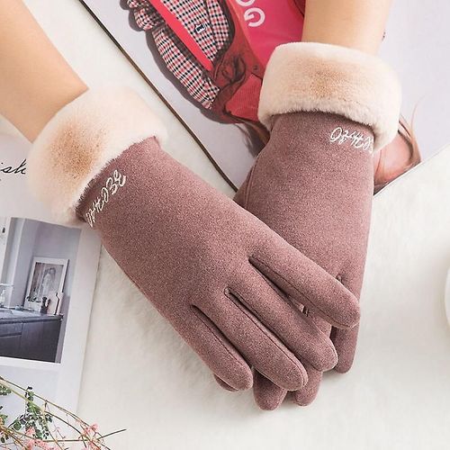 Hiver Femme Double Épais Peluche Poignet Chaud Cachemire Mignon Cyclisme Mitaines Femmes Daim Cuir Écran Tactile Conduite Gant Taille Unique B Bean A56